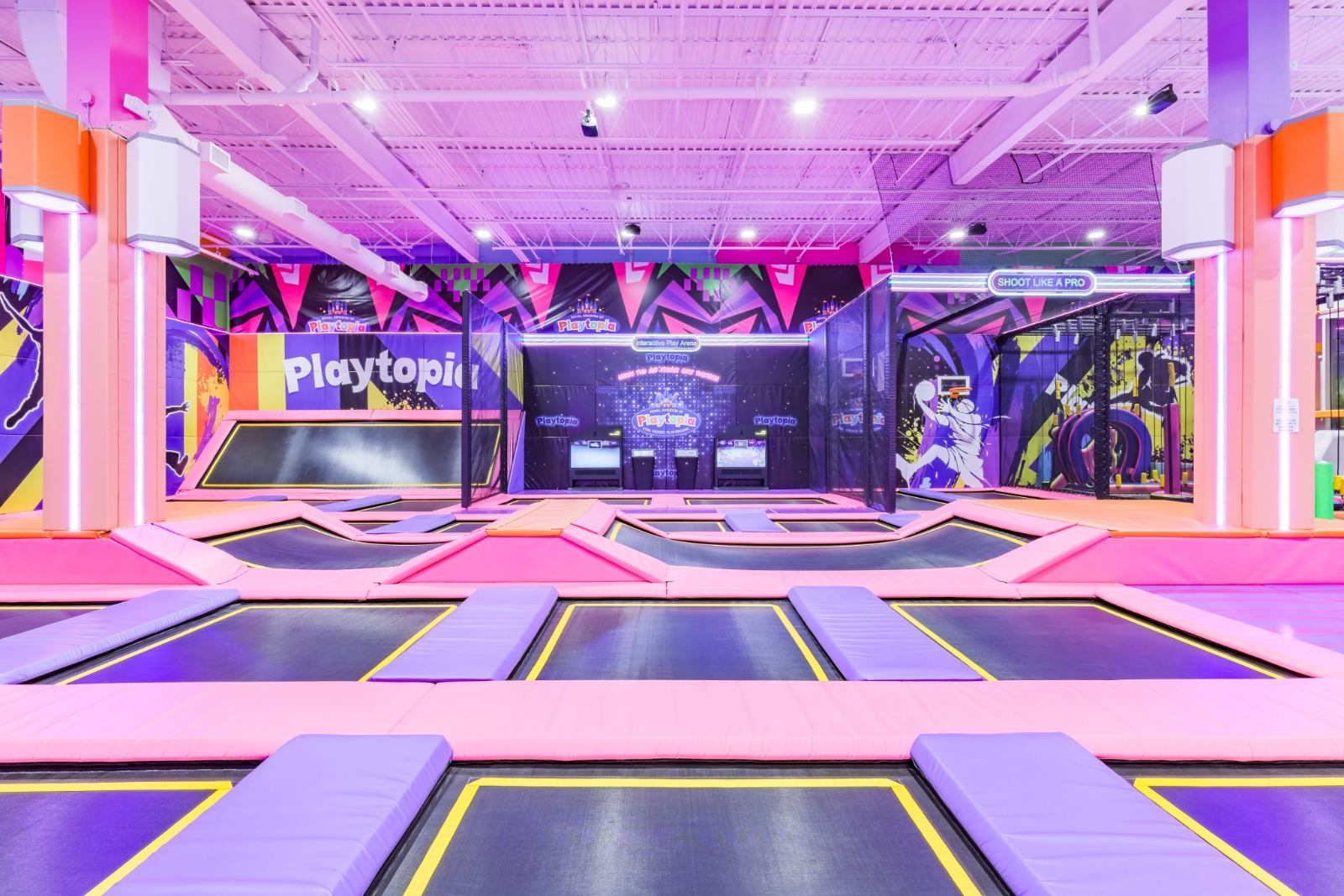 Panoramic view of the trampoline park at Playtopia.