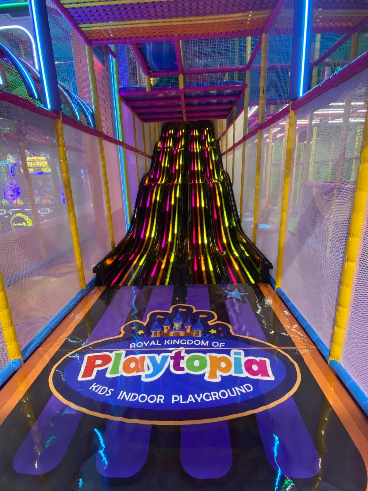 Indoor playground slides for kids at Playtopia indoor playground  in Burlington Ontario.