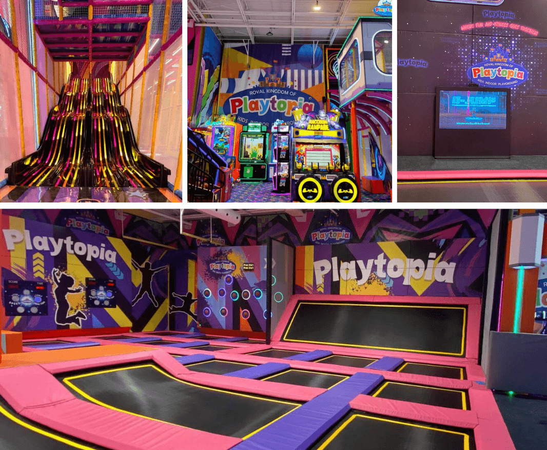 Collage showcasing diverse birthday party attractions at Playtopia Burlington including neon slides, arcade games, and the trampoline zone.